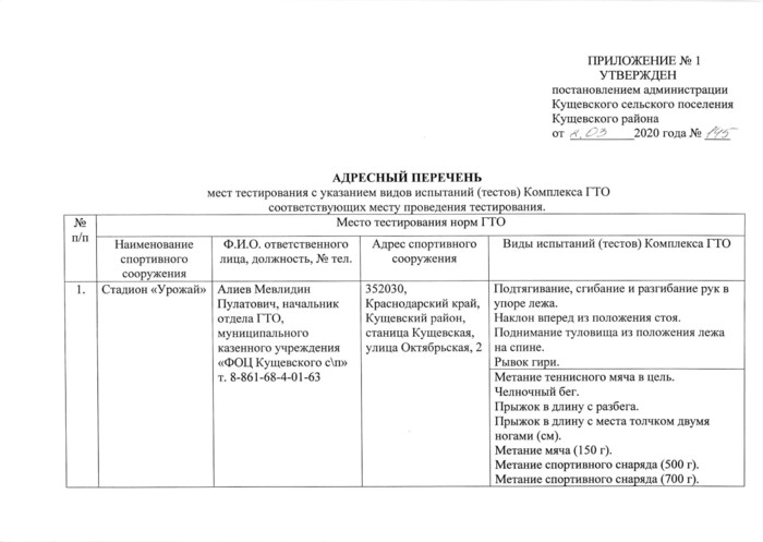 О наделении полномочиями по оценке выполнения нормативов испытаний (тестов) Всероссийского физкультурно-спортивного комплекса «Готов к труду и обороне» (ГТО) муниципальное казённое учреждение «Физкультурно-оздоровительный центр Кущевского сельского поселения»